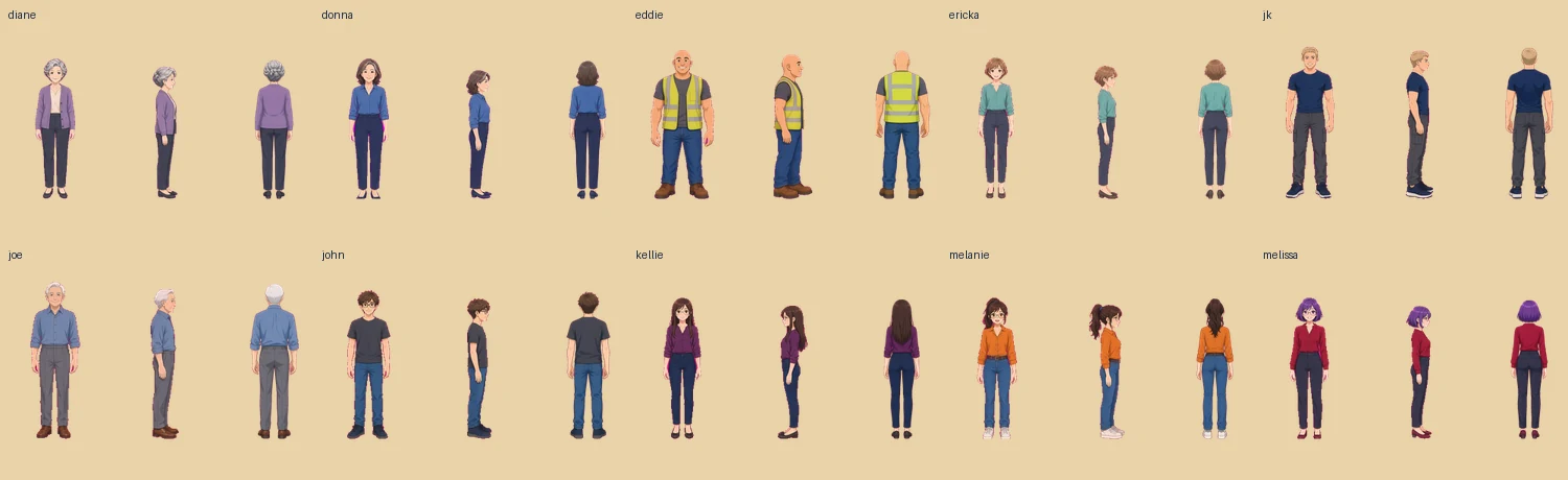 Front, side and back character turnarounds for ten teammates