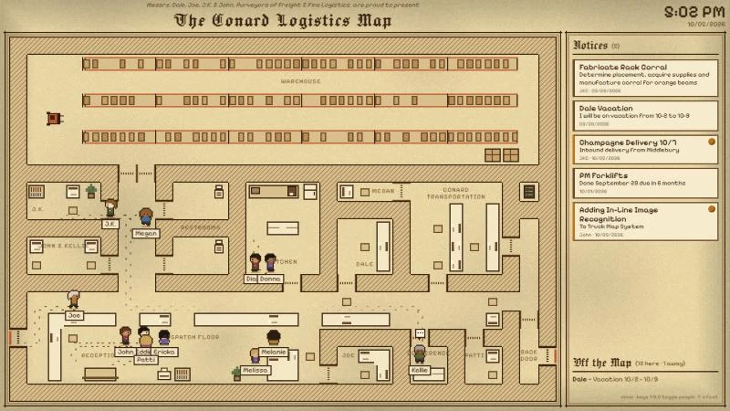 The first Team Board prototype: a parchment-style office map with small pixel-art figures